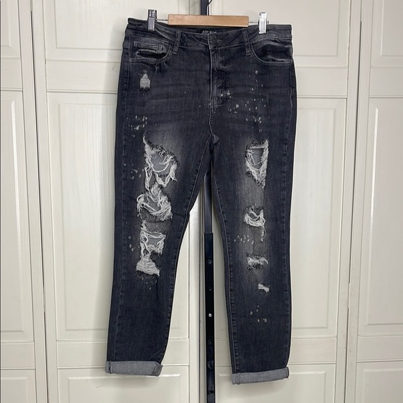 Judy Blue Womens Boyfriend Jeans Stretch Distressed Raw Charcoal Wash Sz 11/30 - Picture 1 of 13